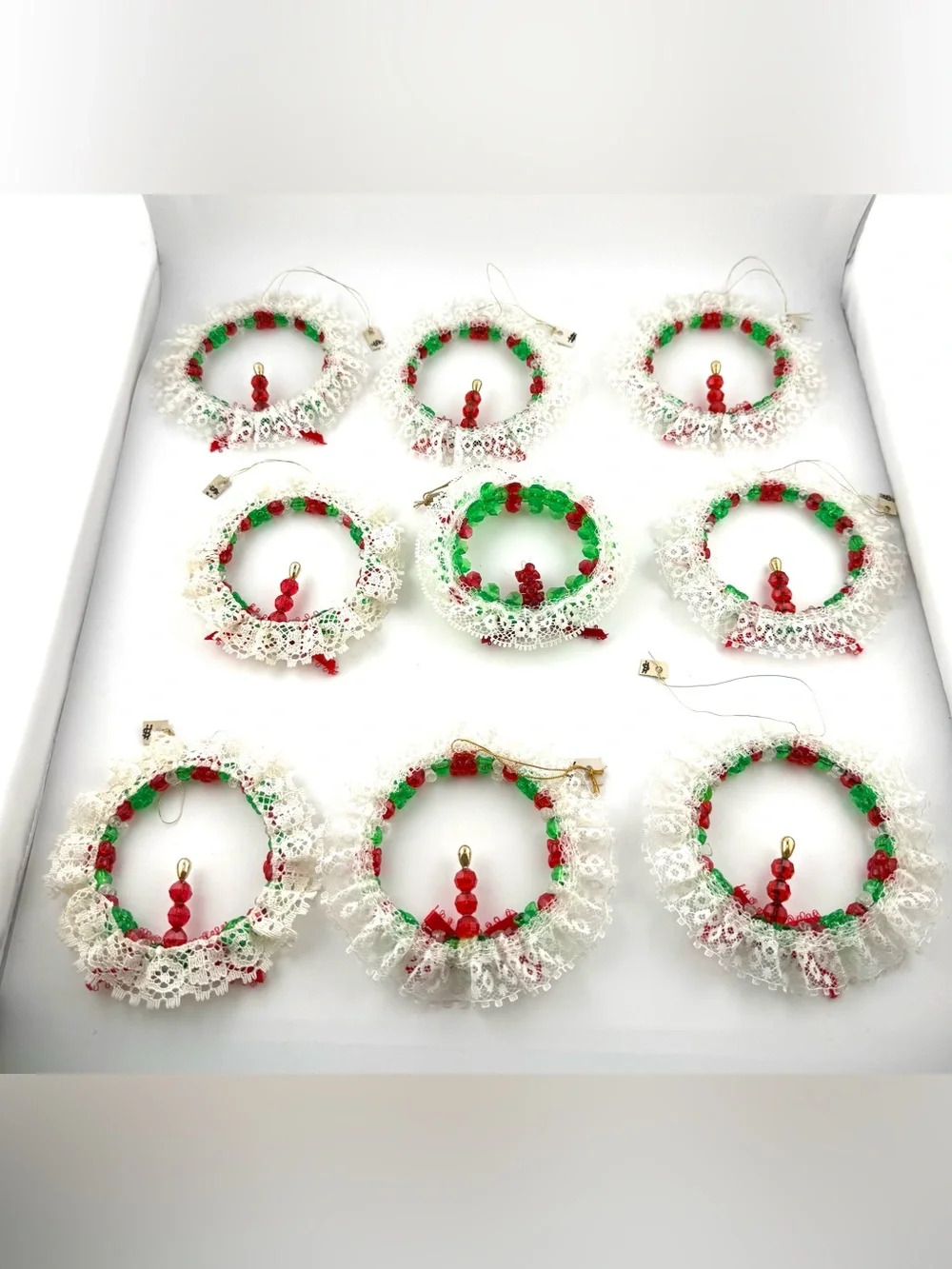 9 vintage handmade beaded wreath ornaments